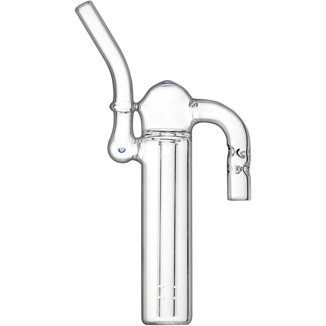 Clear glass water bubbler attachment with curved mouthpiece on a white background