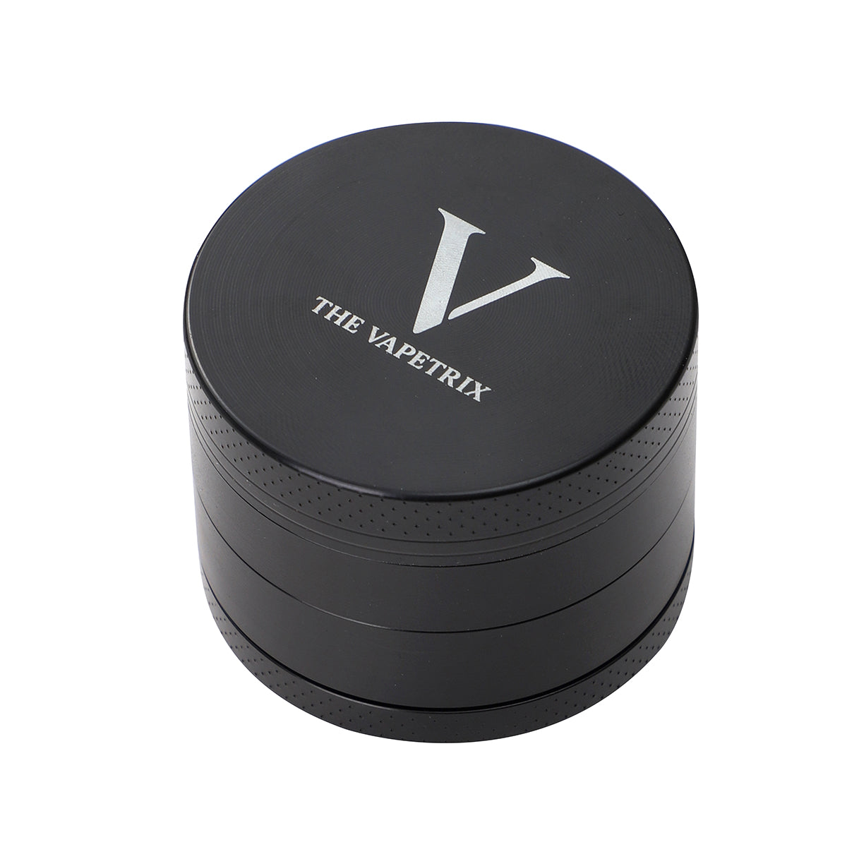 Grinder de hierbas negro de 4 piezas The Vapetrix con tapa magnética, caben 5 cápsulas dosificadoras