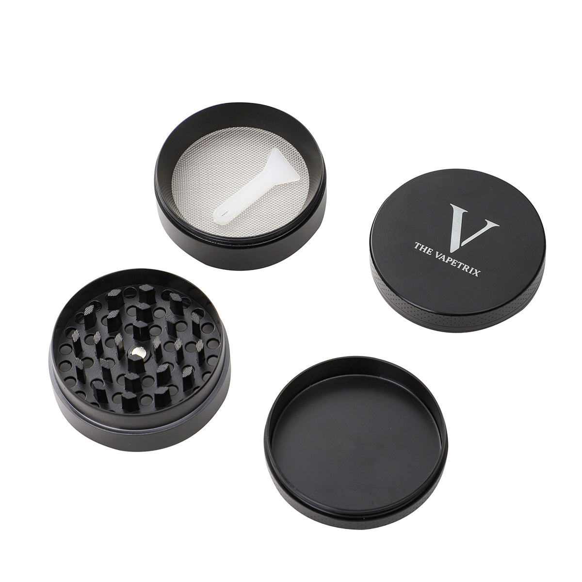 Las 4 piezas del grinder Vapetrix: tapa, cámara de molienda, cámara de malla con rascador, bandeja colectora